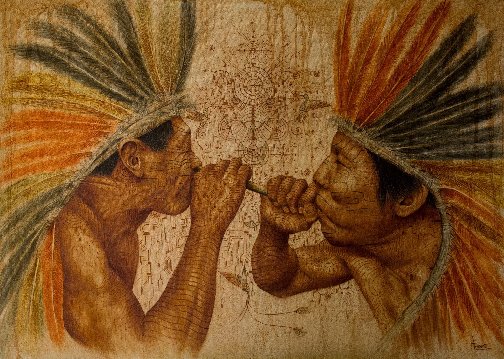 Two Indigenous Men Blowing Rapé or Shamanic Snuff