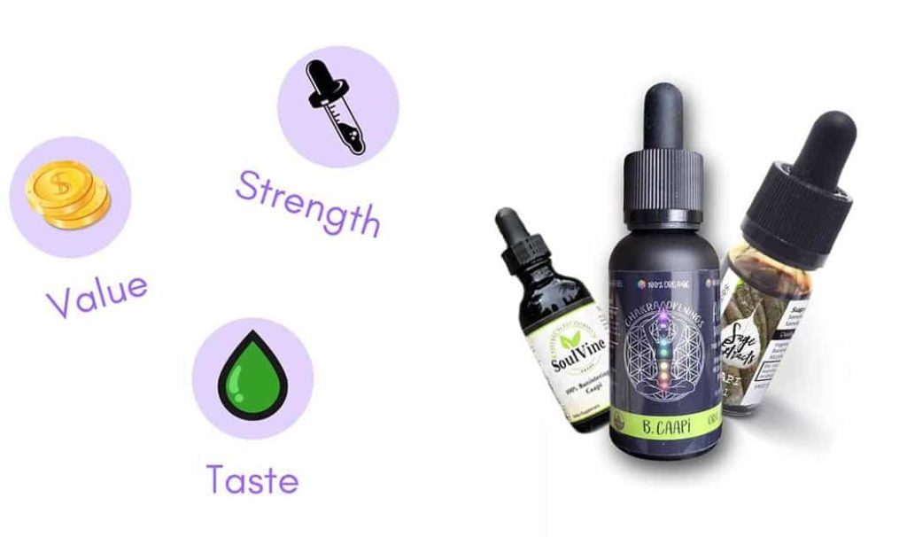 three bottles of different ayahuasca vine extracts, with indications that they are measured on the quality of their taste, strength, and value